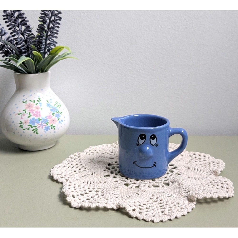 Vintage Blue Smiling Face Creamer Pitcher, Anthropomorphic Ceramic Cream Pitcher